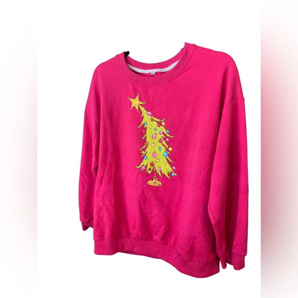 Christmas Tree Grinch Whoville Lopsided Tree pink Green large Sweatshirt